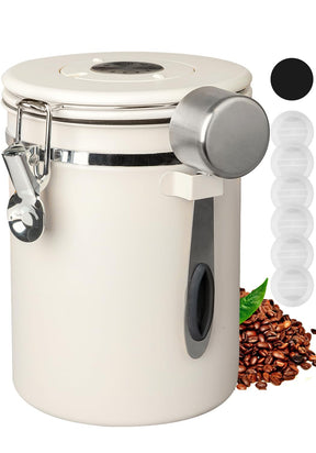 INFTYLE Coffee Canister with Airtight Lid, 22oz, 60 fl oz White, Stainless Steel Air Tight Lid Container with Date Tracker and Scoop Food Storage Jar for Grounds Coffee, Beans, Flour, Cereal (White)