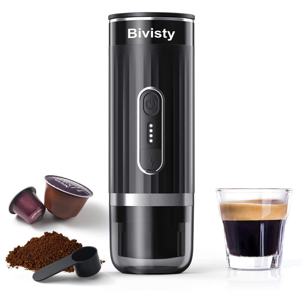 Bivisty Tragbarer Espressokocher für unterwegs, Camping-Kaffeemaschine, elektrisch, selbsterhitzend mit USB-C, gemahlener Kaffee kompatibel mit Nespresso &amp; Dolce Gusto für Wohnmobil, Outdoor, Büro (schwarz)