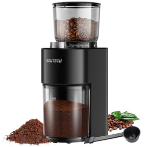 SOWTECH Kaffeemühle mit konischem Mahlwerk, einstellbares Mahlwerk mit 38 präzisen Mahlgradeinstellungen, Präzisionstimer, für Espresso/Filterkaffeemaschine/Pour Over/Cold Brew/French Press-Kaffeemaschine (schwarz)