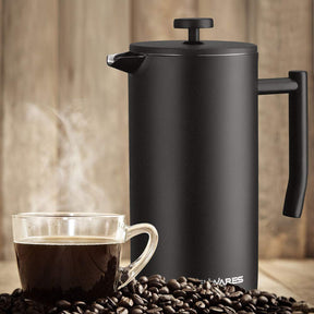 Belwares French Press Kaffeemaschine 50 OZ – Große isolierte Kaffeepresse aus Edelstahl 304 mit Doppelwand und 4-stufigem Filtersystem (Schwarz – 1,5 l)