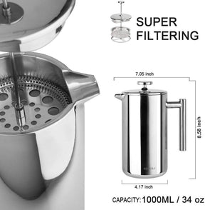 Secura French Press Kaffeemaschine, isolierte Kaffeepresse aus Edelstahl 304 mit 2 zusätzlichen Sieben, 34 oz (1 Liter), Silber