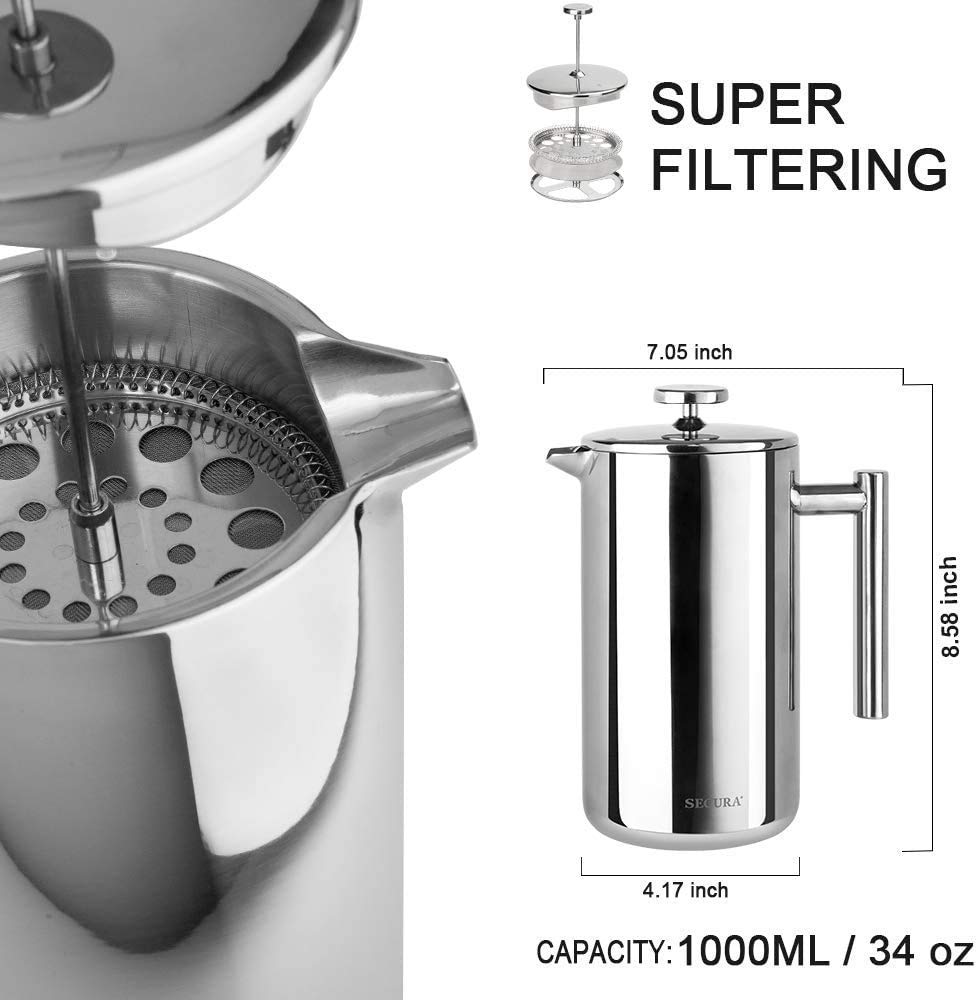 Secura French Press Kaffeemaschine, isolierte Kaffeepresse aus Edelstahl 304 mit 2 zusätzlichen Sieben, 34 oz (1 Liter), Silber