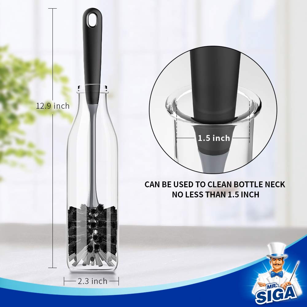 MR.SIGA Long Handle Bottle Brush, Flexible Scrub Brush for Water Bottles, Glasswares, Mugs, Black, 2 Pack