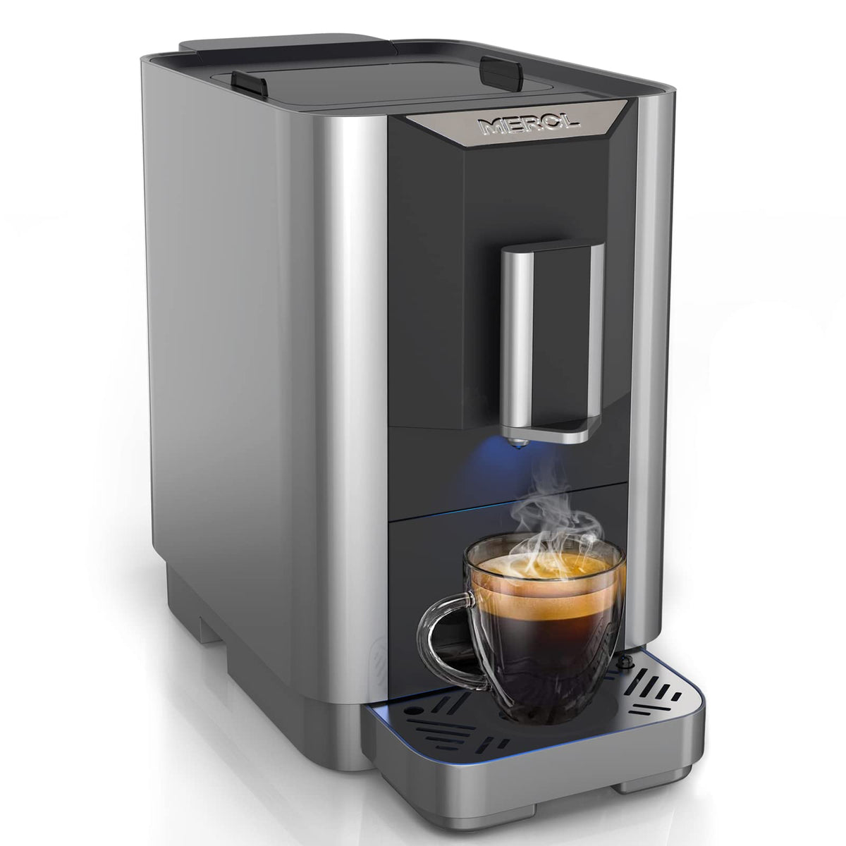 MEROL Vollautomatische Espresso-Kaffeemaschine mit Touchscreen, 19 Bar Cafe Maker, eingebautes einstellbares Mahlwerk, für Kaffeeliebhaber, ME-720, Grau und Silber