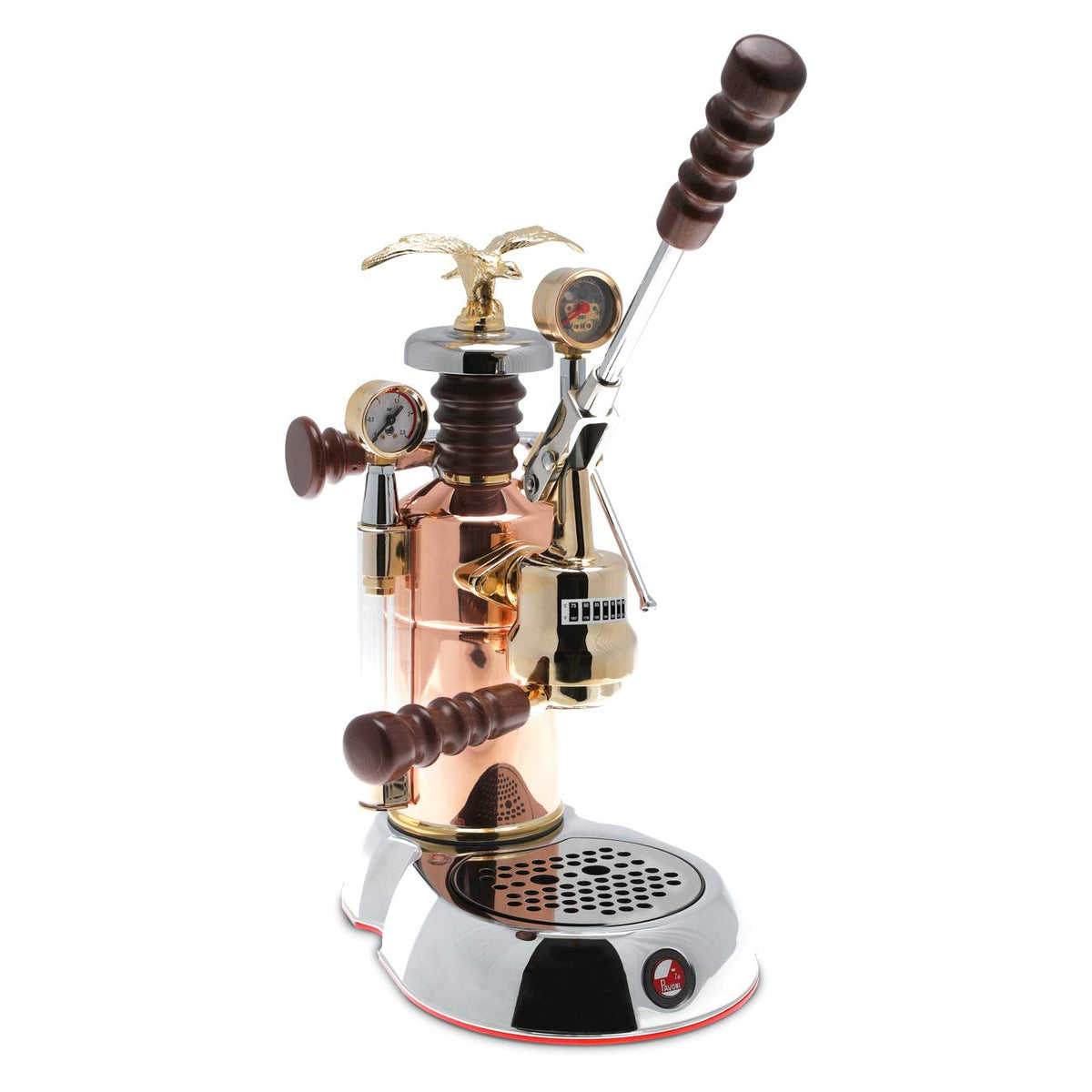 La Pavoni Esperto Edotto 16-Cup Lever Espresso Machine | Chrome and Copper Finish | Rosewood Handles | 38-Ounce Nickel-Plated Boiler | Dual Frothing Systems with Group Pressure Gauge | Made in Italy