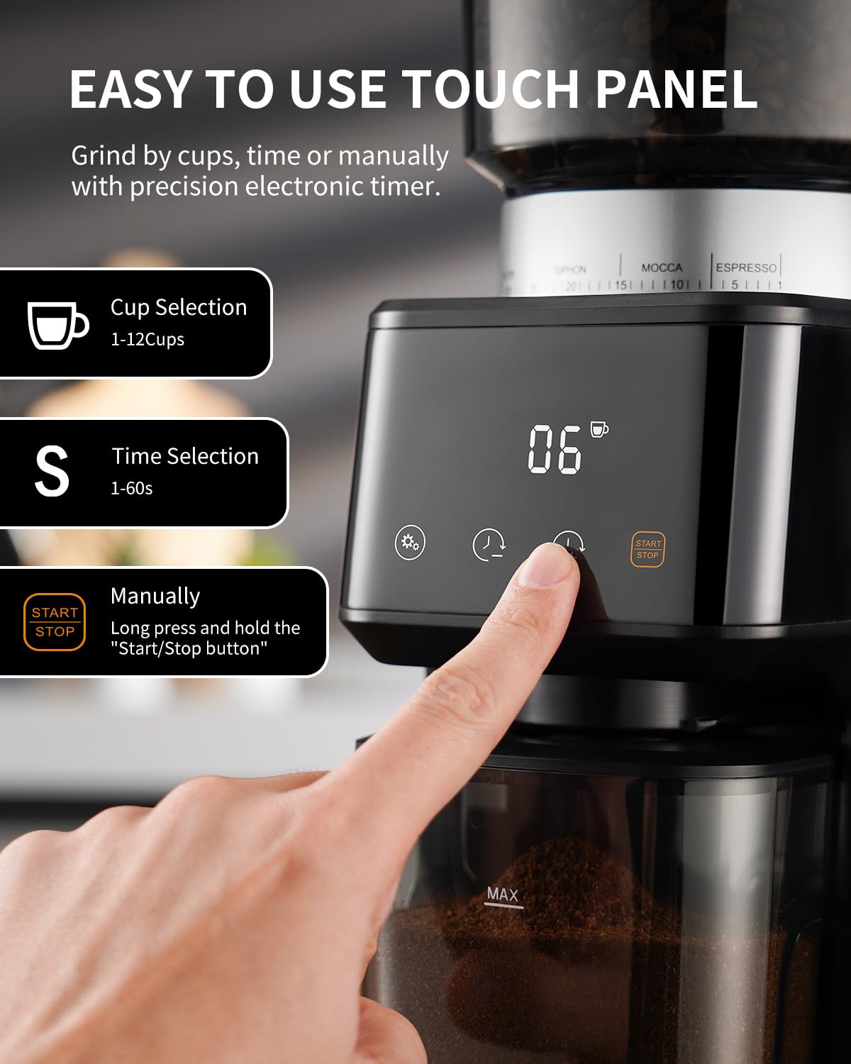 SHARDOR Conical Burr Espresso Coffee Grinder Electric with Precision Timer 2.0, Touchscreen Adjustable Burr Mill with 51 Precise Settings for Home Use, Anti-static, Stainless Steel