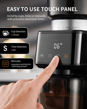 SHARDOR Elektrische Espresso-Kaffeemühle mit konischem Mahlwerk und Präzisions-Timer 2.0, per Touchscreen verstellbares Mahlwerk mit 51 präzisen Einstellungen für den Heimgebrauch, antistatisch, Edelstahl