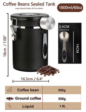 Walktosun Coffee Canister Airtight Storage Container Stainless Steel Air Tight Coffee Jar with Scoop, Date Tracker CO2 Release Valve for Dry Food, Beans, Ground, Tea, Flour, Cereal and Sugar (Black)