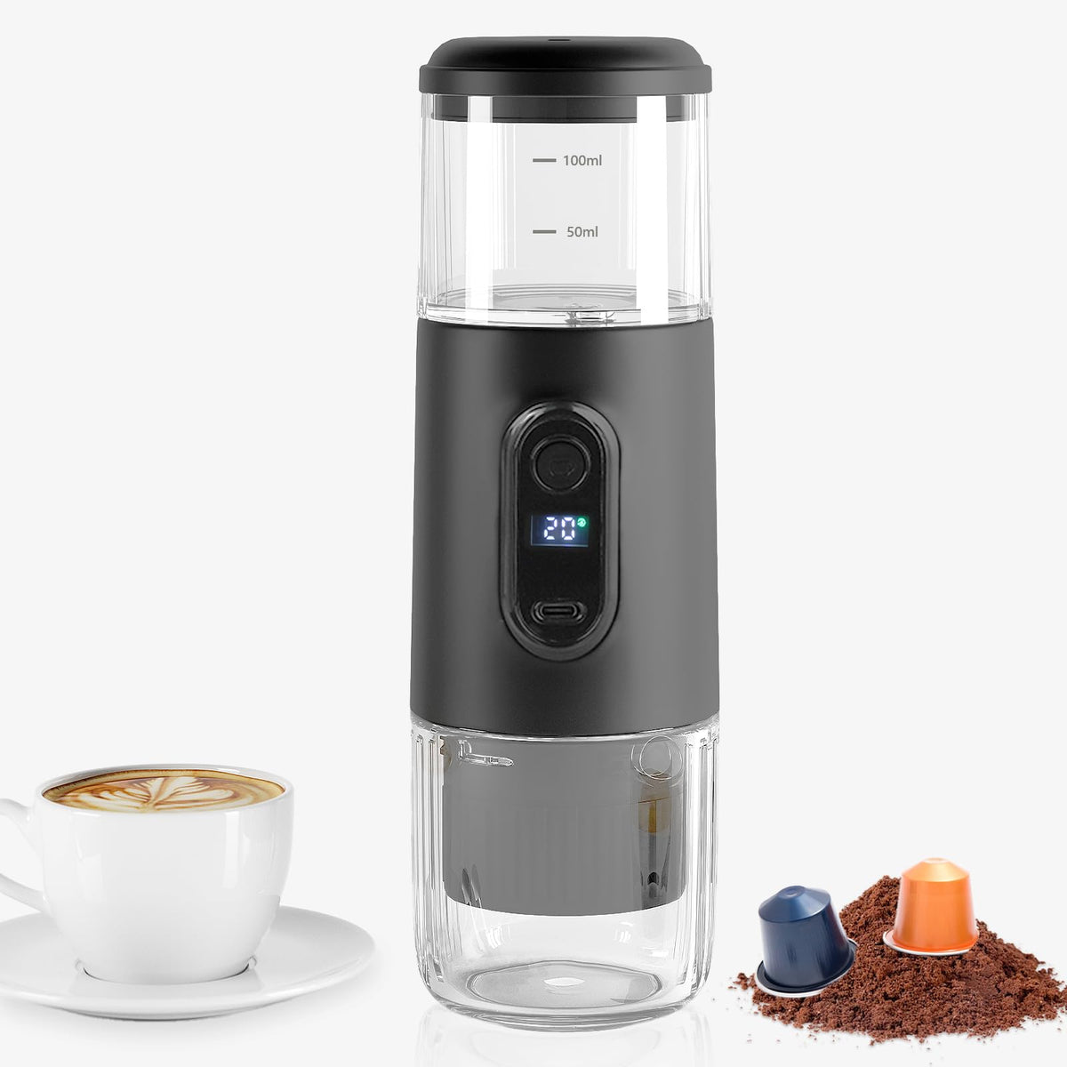 Tragbare elektrische Espressomaschine – 2-in-1-Mini-Kaffeemaschine mit kabellosem 15-Bar-Druck, tragbare Kaffeemaschine fürs Auto, voll aufgeladen, brüht 75 Tassen für Camping, Wohnmobil, Wandern, Büro (nicht selbsterhitzend)