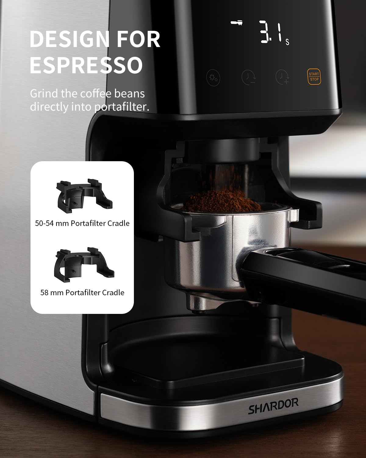 SHARDOR Elektrische Espresso-Kaffeemühle mit konischem Mahlwerk und Präzisions-Timer 2.0, per Touchscreen verstellbares Mahlwerk mit 51 präzisen Einstellungen für den Heimgebrauch, antistatisch, Edelstahl