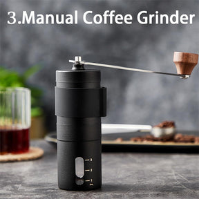 Manual Coffee Grinder for Home Use, Ceramic Burr Hand Crank Automatic Coarseness Stainless Steel Espresso Bean Mill for Travel Camping with Portable Storage Pouch, Easy to Clean Brush Spoon