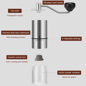 EZLucky Portable Manual Coffee Grinder - Conical Burr with 5 Adjustable Settings for Smooth Grinding, Perfect for Espresso Enthusiasts at Home, Office, or Camping