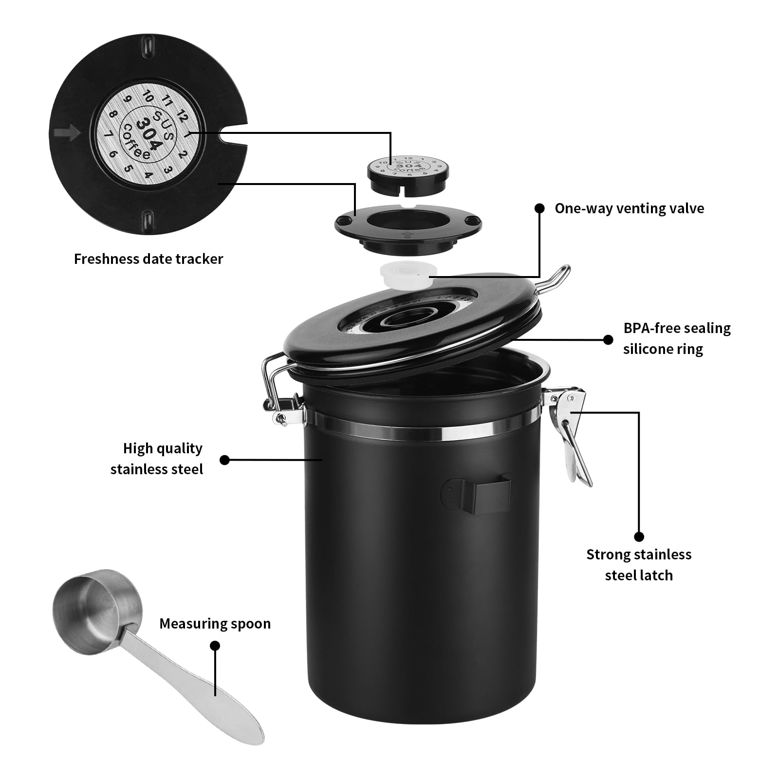 Ohtomber コーヒーキャニスター保存容器 - 22オンス ステンレススチール 密閉式コーヒー豆保存容器 日付トラッカーと計量スプーン付き シリアル、砂糖、お茶用のキッチンフードキャニスタージャー