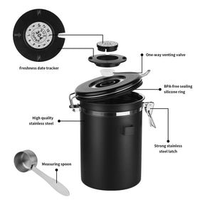 Ohtomber コーヒーキャニスター保存容器 - 22オンス ステンレススチール 密閉式コーヒー豆保存容器 日付トラッカーと計量スプーン付き シリアル、砂糖、お茶用のキッチンフードキャニスタージャー