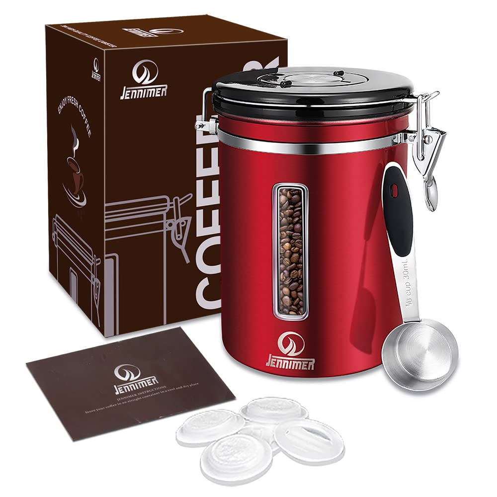 JENNIMER Coffee Canister - Large, Stainless Steel Airtight Coffee Containers with Transparent Window,Date Tracker, CO2-Release Valve and Measuring Scoop for Freshness of Storage Coffee(Red)