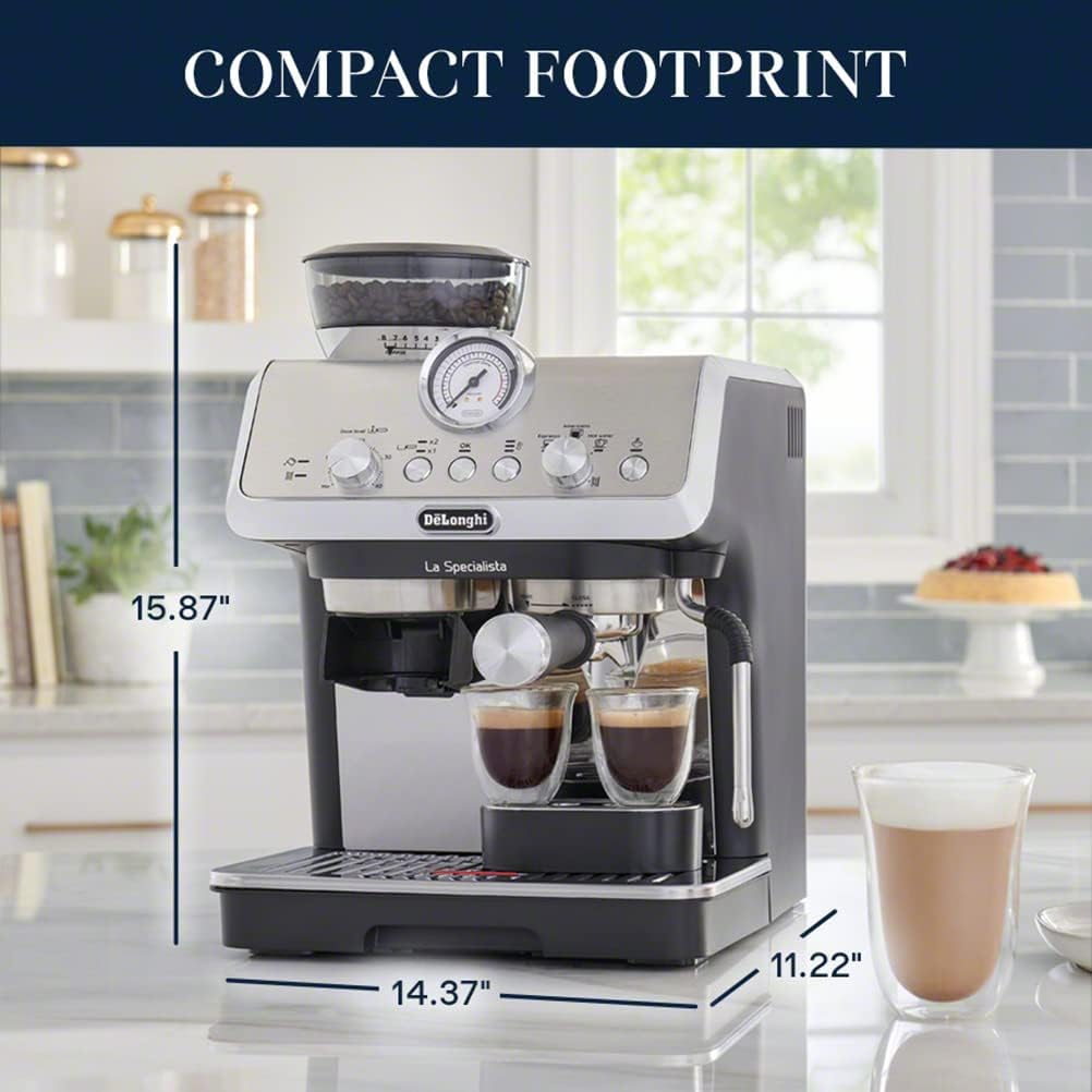 De'Longhi La Specialista Espressomaschine mit Mahlwerk, Milchaufschäumer, 1450 W, Barista-Set – Kaffee- und Cappuccinomaschine mit Bohnenbehälter, Edelstahl, Schwarz