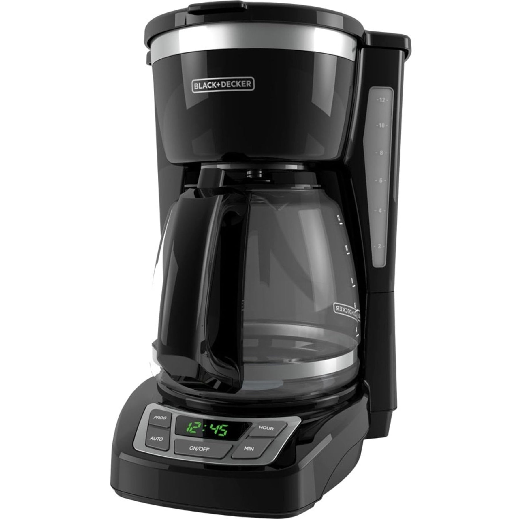 BLACK+DECKER Digitale Kaffeemaschine für 12 Tassen, programmierbar, waschbarer Korbfilter, Sneak-A-Cup, Auto Brew, Wasserfenster, Warmhalteplatte, schwarz