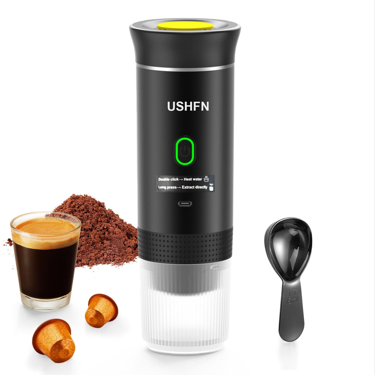 Tragbare Espressomaschine von USHFN, selbsterhitzende, wiederaufladbare Kaffeemaschine mit Typ C, 4–5 Minuten, kompatibel mit NS-, DG-Kapsel und gemahlenem Kaffee für Reisen, Camping, Büro (schwarz)