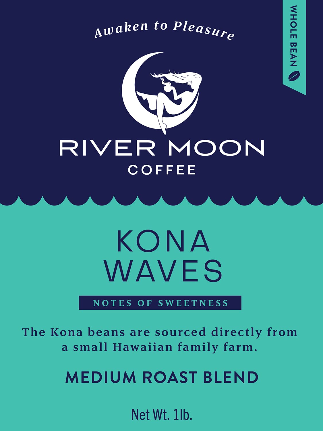 River Moon Coffee, Kona Coffee Whole Bean, Medium Roast, 16 Ounce, Kona Waves Hawaiian Blend, Sustainably Farmed, 100% Arabica