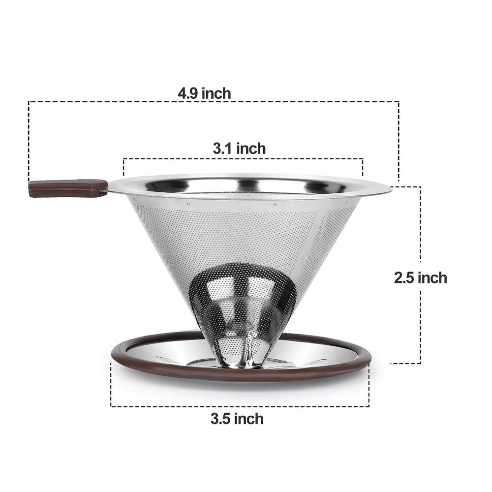 RealPero Pour Over-Kaffeefilter, wiederverwendbarer papierloser Kaffeefilter, professionelles Tropfkegel-Kaffeesieb aus Edelstahl, verbesserter doppelter Mikronetzfilter mit Tassenständer, 1–2 Tassen