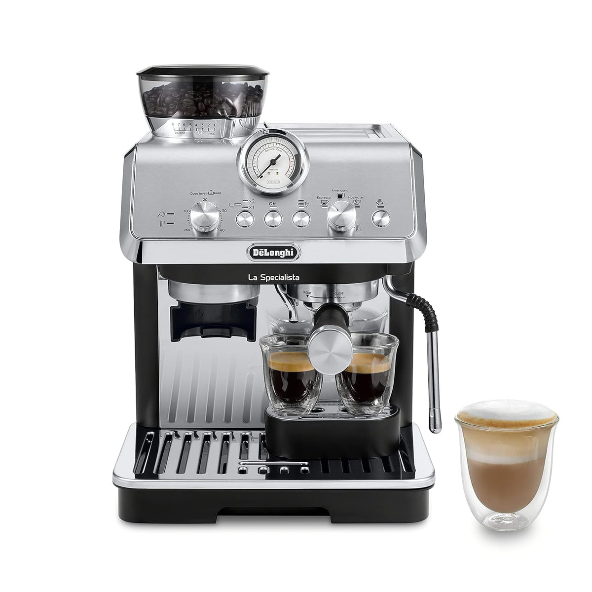 De'Longhi La Specialista Espressomaschine mit Mahlwerk, Milchaufschäumer, 1450 W, Barista-Set – Kaffee- und Cappuccinomaschine mit Bohnenbehälter, Edelstahl, Schwarz