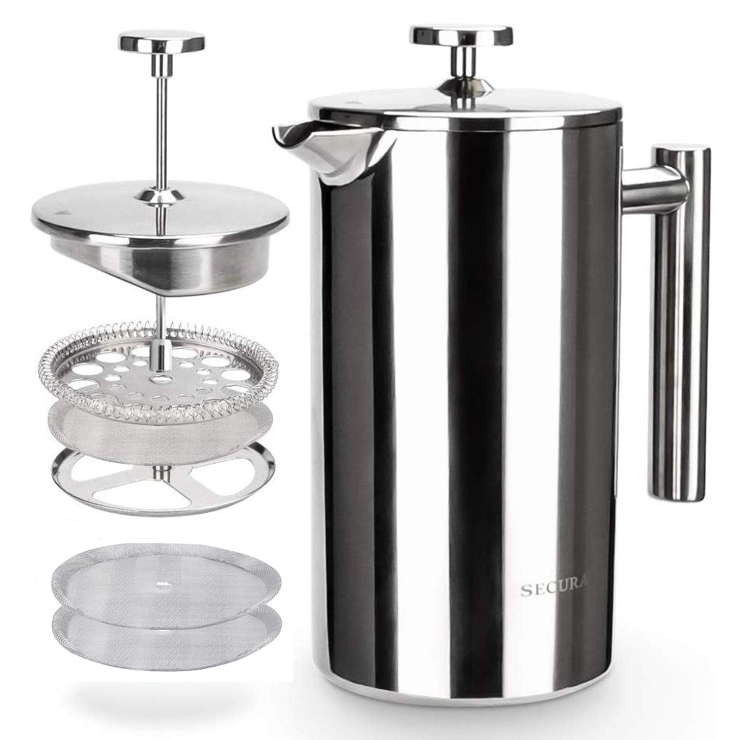 Secura French Press Kaffeemaschine, isolierte Kaffeepresse aus Edelstahl 304 mit 2 zusätzlichen Sieben, 34 oz (1 Liter), Silber