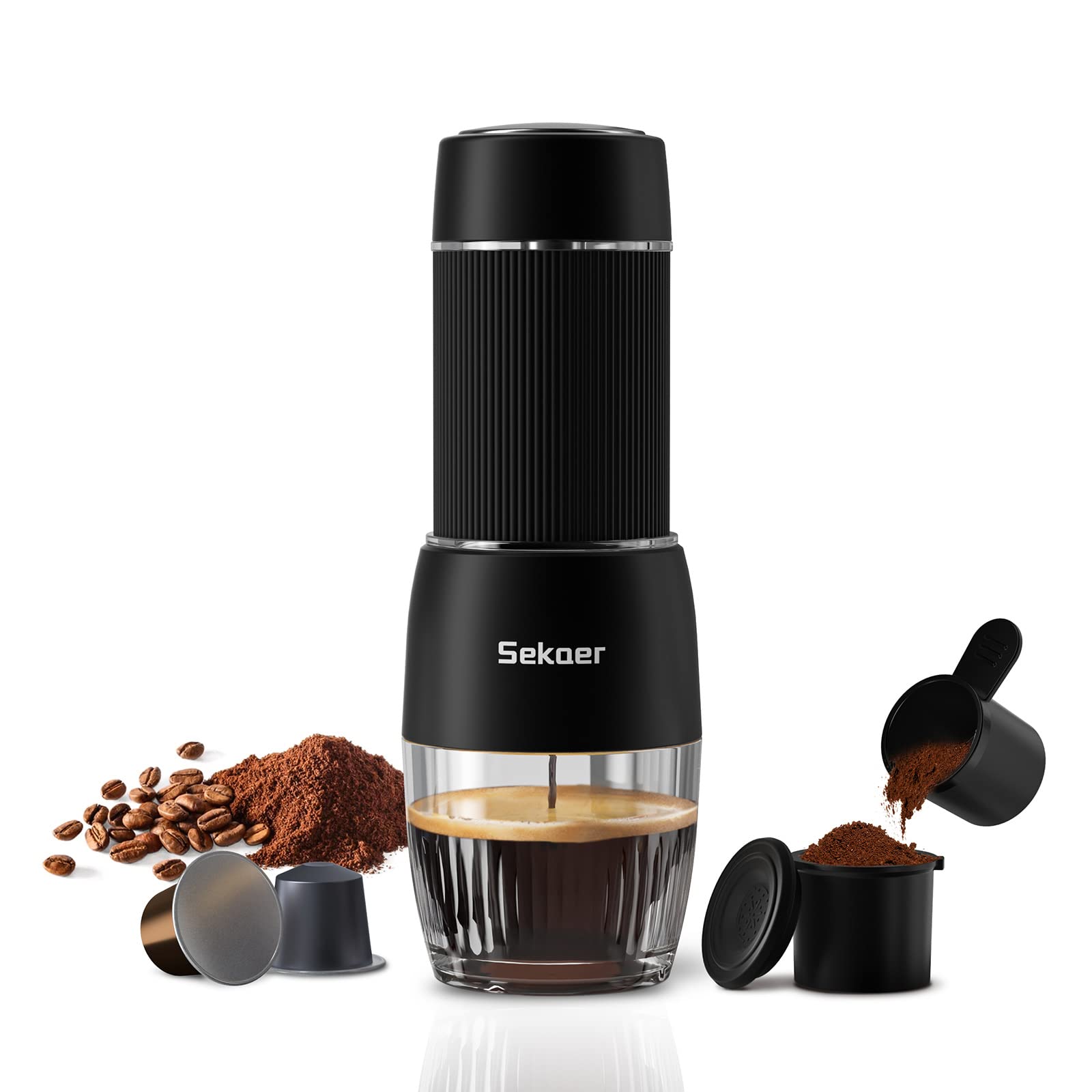 Sekaer Tragbare Espressomaschine, Reisekaffeemaschine, 2-in-1, kleiner Mini-Presso, kompatibel mit Nespresso-Originalkapseln, 18 Bar Druck, manuelle Aeropress-Kaffeemaschine