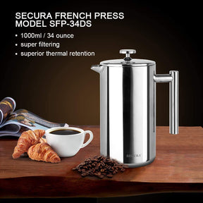 Secura French Press Kaffeemaschine, isolierte Kaffeepresse aus Edelstahl 304 mit 2 zusätzlichen Sieben, 34 oz (1 Liter), Silber