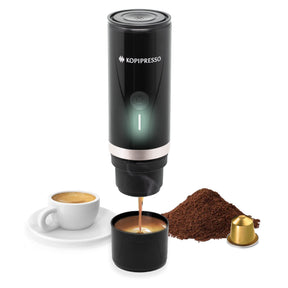 Kopipresso Espresso Bullet, kompakte tragbare Espressomaschine (mit Stromversorgung über USB-C, wiederaufladbar) für Kapseln und gemahlenen Kaffee, Set für Reisen, Sport, Outdoor, Camping, Büro, Küche … Espresso für unterwegs!