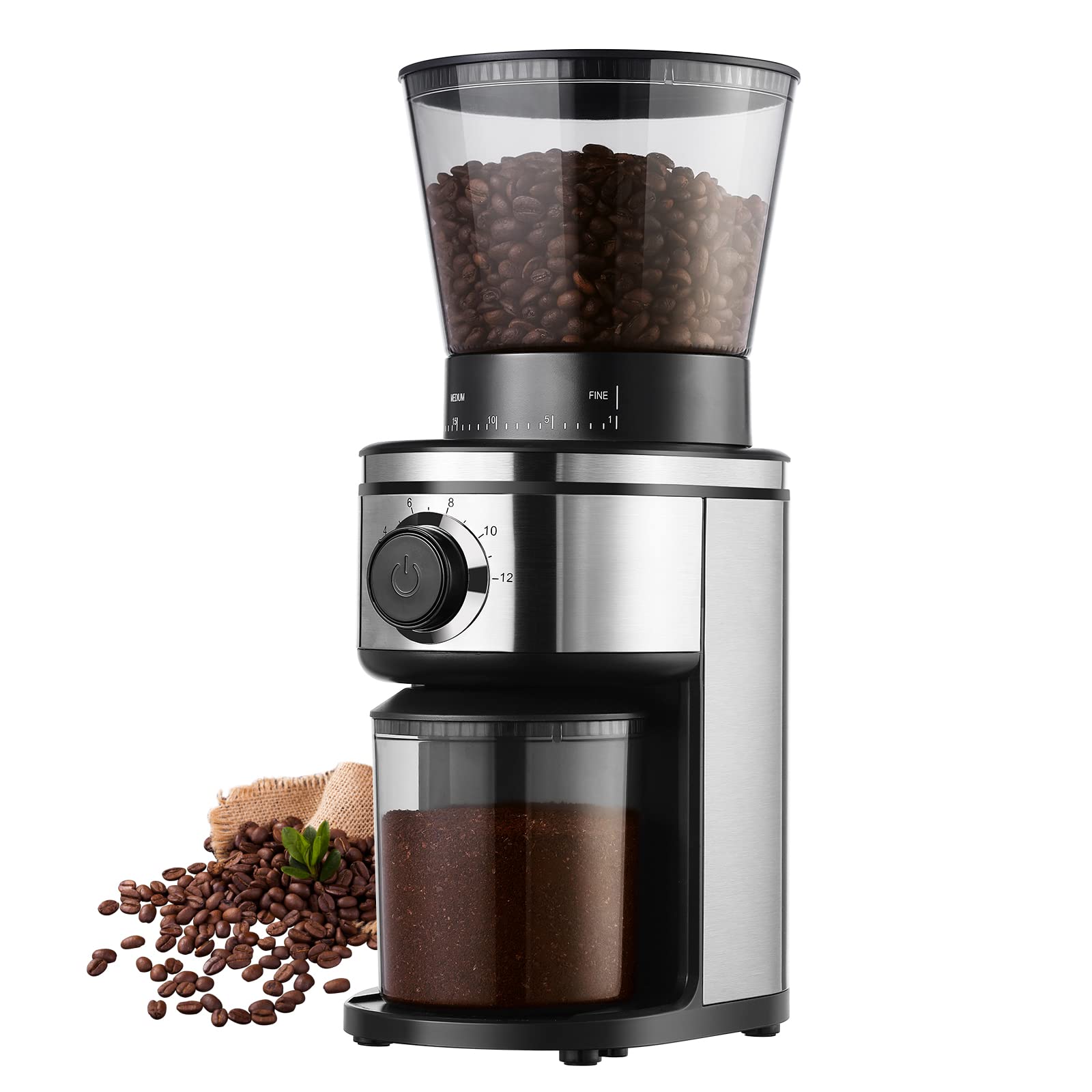 Ollygrin Burr Coffee Grinder, Electric Conical Coffee Bean Grinder With 30 Adjustable Grind Settings For 2-12 Cups, Sliver & Black