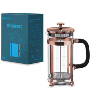 QUQIYSO Coffee Maker 304 Stainless Steel French Press with 4 Filter, Heat Resistant Durable, Easy to Clean, Borosilicate Glass Coffee Press, 100% BPA Free Teapot, 21 ounce, copper