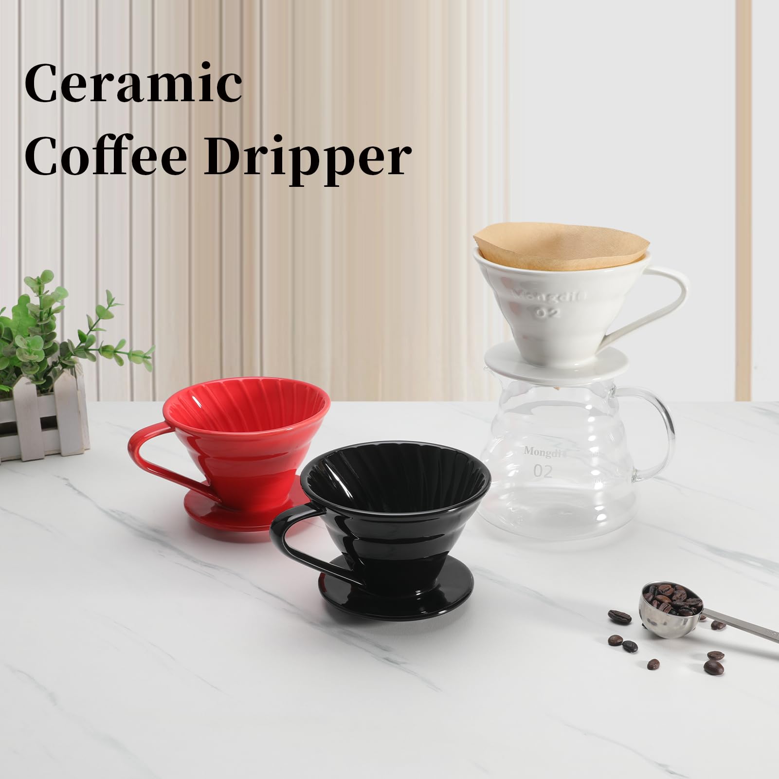 Mongdio V60 Ceramic Pour Over Coffee Dripper, Reusable Porcelain Portable Pour Over Coffee Maker, Slow Brewing Accessories with 1 Holes for Home - Size 02 White