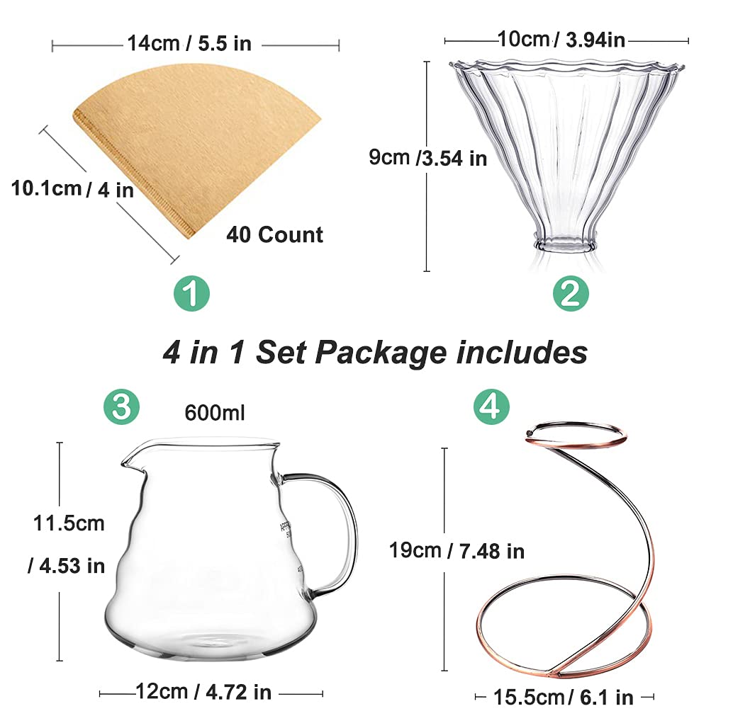 Pour Over Coffee Maker Set – Includes Glass Coffee Dripper, Metal Dripper Stand, Heat Resistance 600ml Coffee Server and 40 Count Paper Coffee Filters, 4 in 1 Set for Home or Office (Bronze Set)