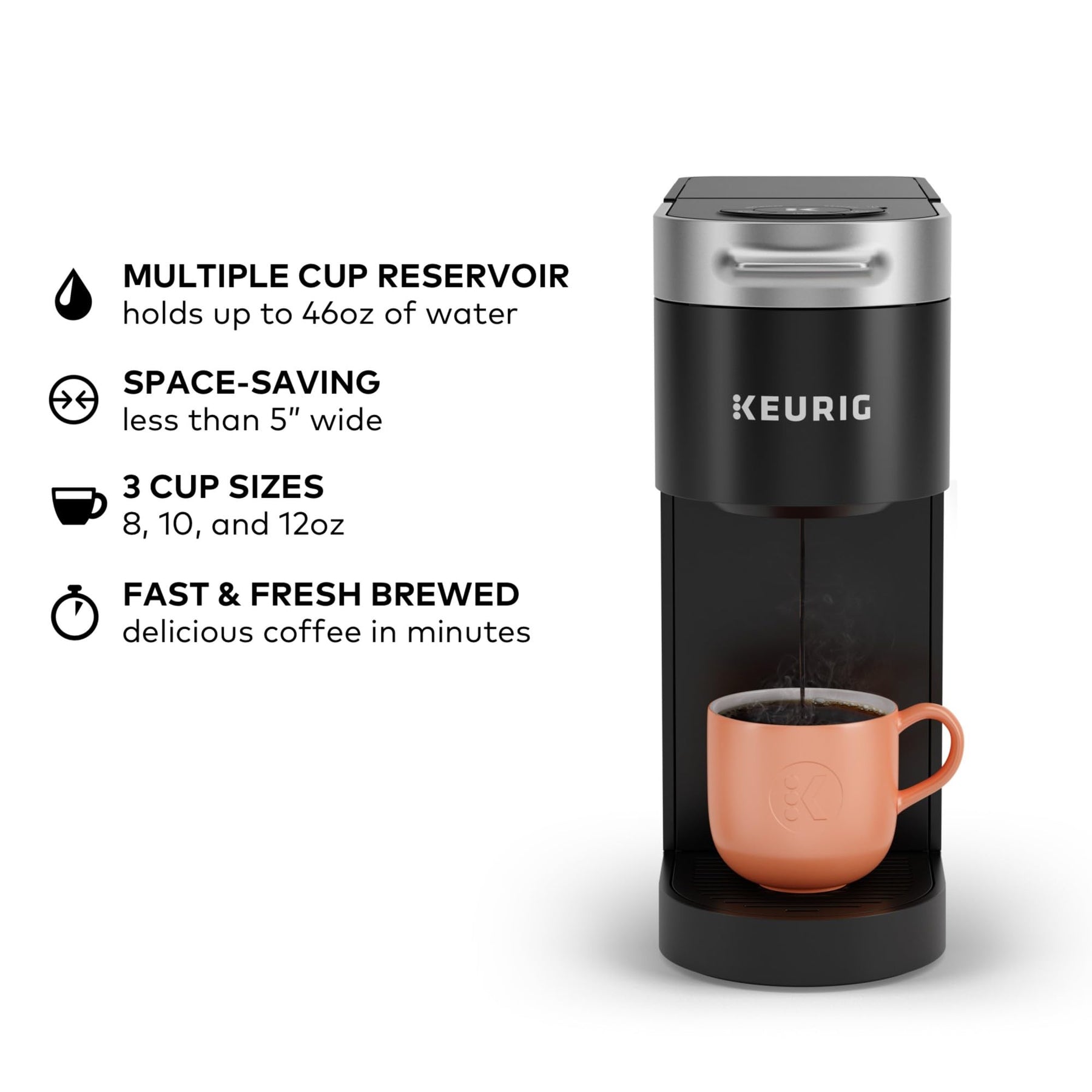 Keurig K-Slim Einzelportions-K-Cup-Pad-Kaffeemaschine, Multistream-Technologie, 3 Brühgrößen, schlankes und elegantes Design, abnehmbarer 46-oz-Tank, schwarz