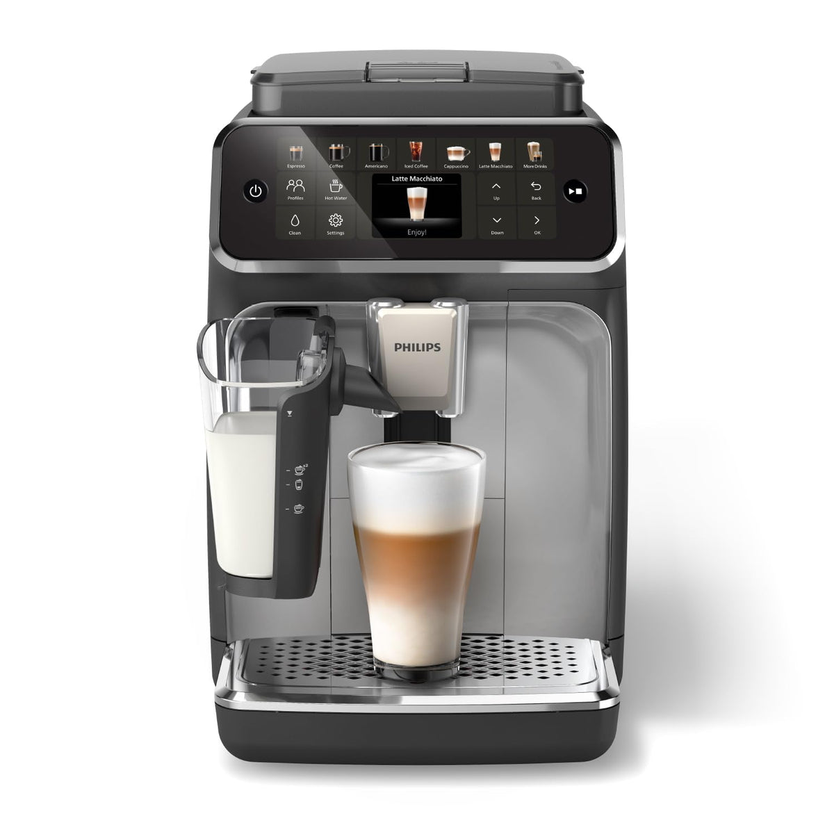 PHILIPS 4400 Series Espressovollautomat – 12 Heiß- und Eiskaffees, schnell zu reinigendes LatteGo-Milchsystem, SilentBrew, QuickStart, Keramikmahlwerk, Schwarzchrom (EP4444/90)