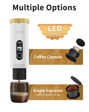 ELEISIOS Portable Espresso Machine,Travel Coffee Maker Self-Heating With Type-c,Compatible with Ground Coffee & NS Capsule for RV,Camping,Office(White)