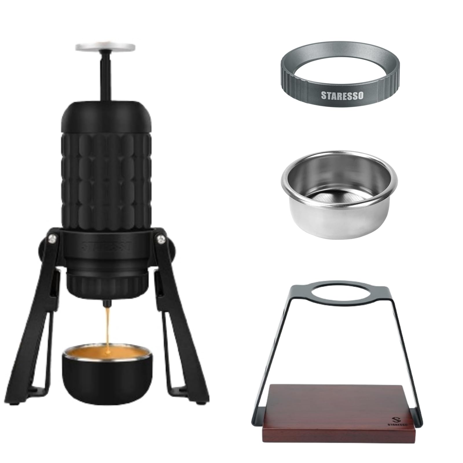 STARESSO Plus Portable Coffee Maker & 53mm Dosing Funnel Bottomless Portafilter Expansion Stand Set