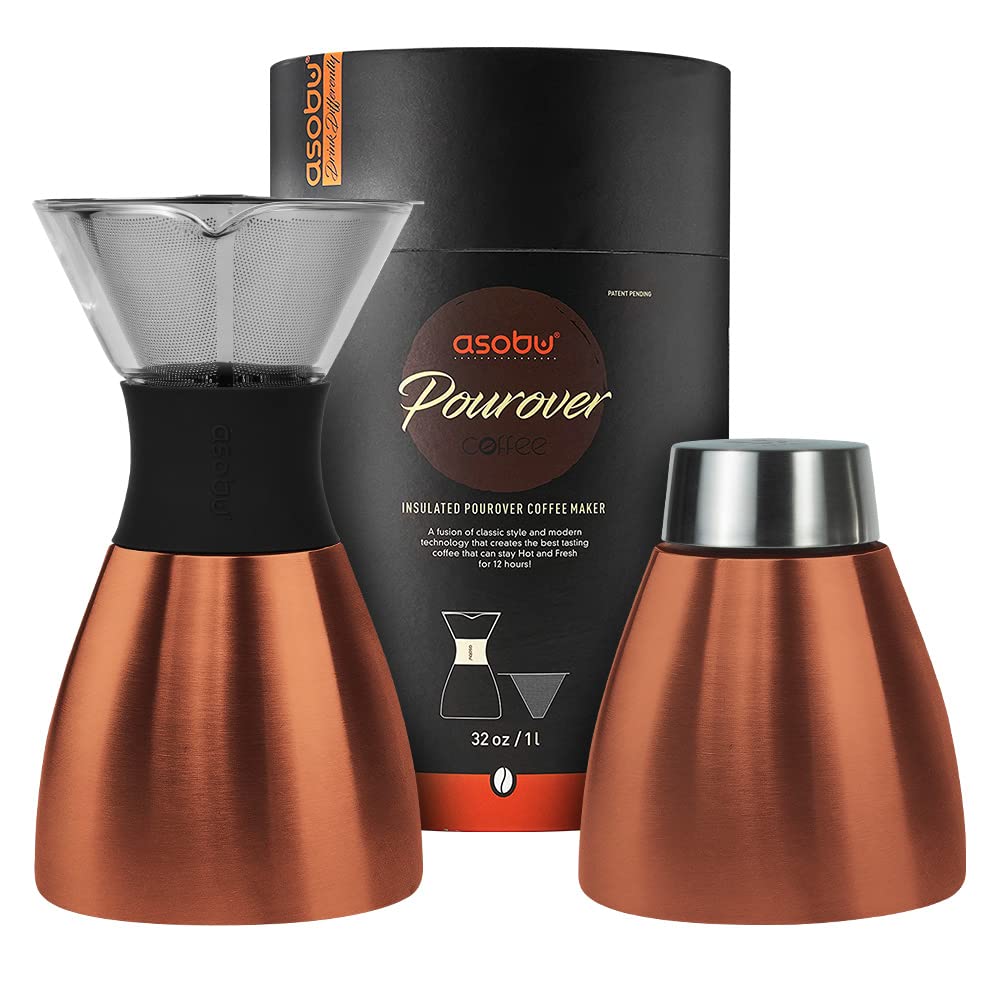 Isolierter Pour-Over-Kaffeebereiter von asobu (32 oz.) mit doppelwandigem Vakuum, Edelstahlfilter und Karaffe zum Mitnehmen (Kupfer)