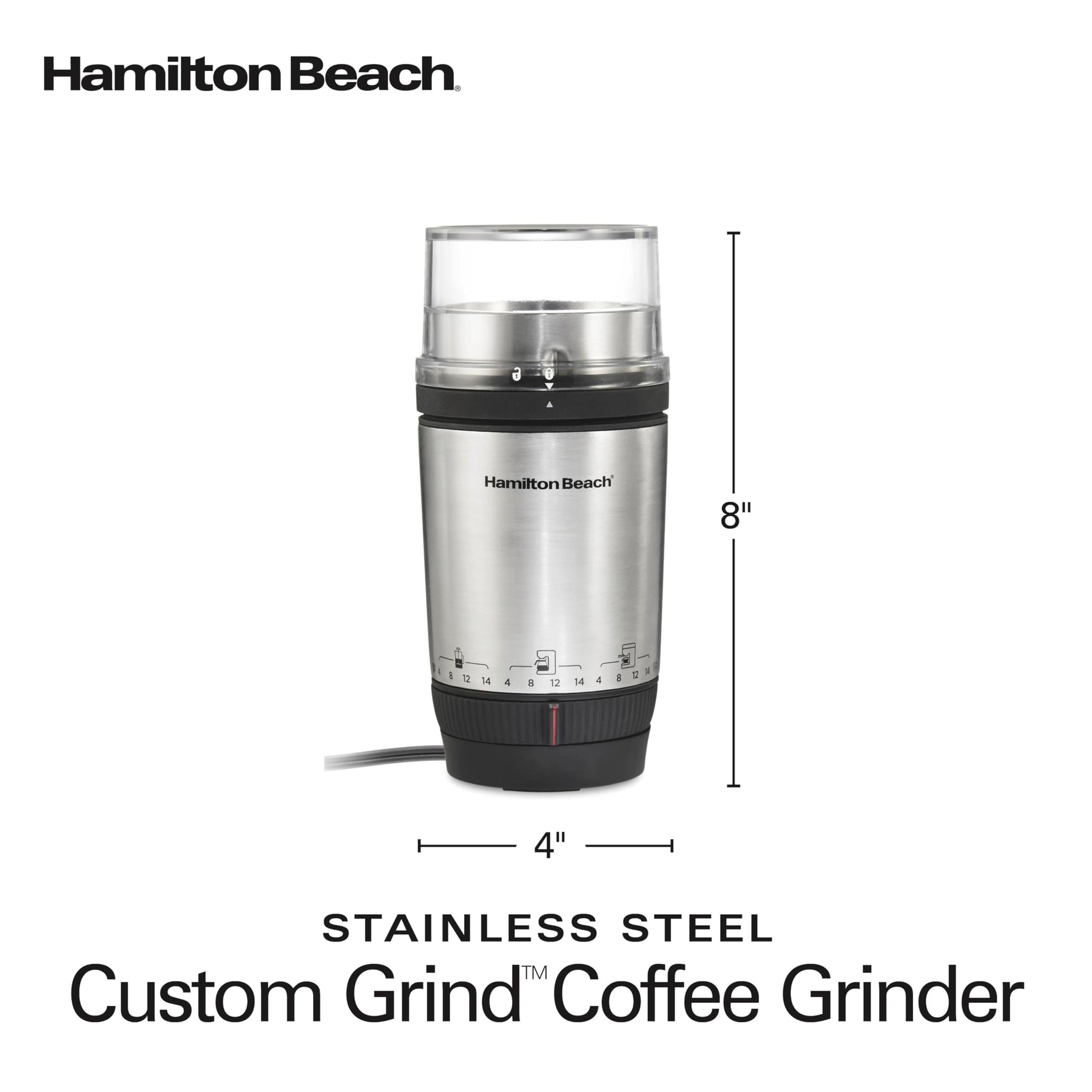 Hamilton Beach Custom Grind Elektrische Kaffeemühle für 4–14 Tassen, freihändige Bedienung mit einem Tastendruck und automatischer Abschaltung, abnehmbarer Mahlbehälter für einfaches Ausgießen und Reinigen, Edelstahl (80406)