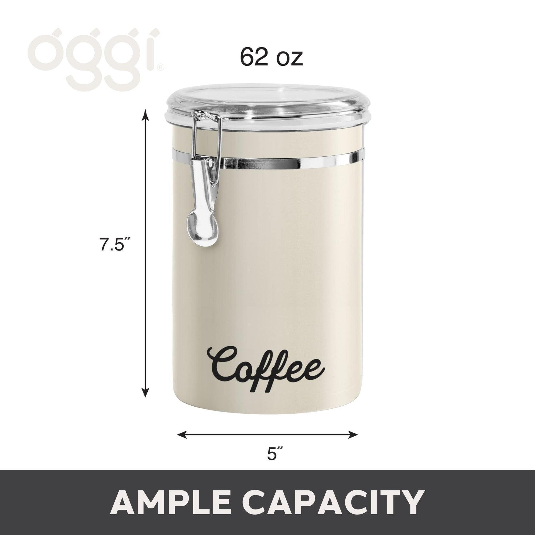 Oggi Stainless Steel Coffee Canister 62 fl oz - Airtight Clamp Lid, Warm Gray, Tinted See-Thru Top - Ideal for Coffee Bean Storage, Ground Coffee Storage, Kitchen Storage, Pantry Storage. 5 x 7.5