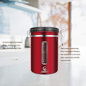 JENNIMER Coffee Canister - Large, Stainless Steel Airtight Coffee Containers with Transparent Window,Date Tracker, CO2-Release Valve and Measuring Scoop for Freshness of Storage Coffee(Red)