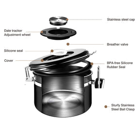 malmo Kaffeedose, luftdichter Kaffeebehälter mit Deckel mit Datumsanzeige, Edelstahldose zur Aufbewahrung von Lebensmitteln in der Küche, 250 ml, schwarz (22, Zylinder, 1, KF) (BK 250 ml)