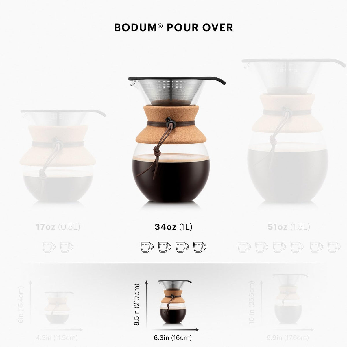 Bodum 34 Oz Pour Over Coffee Maker, High-Heat Borosilicate Glass with Reusable Stainless Steel Filter and Cork Grip - Made in Portugal