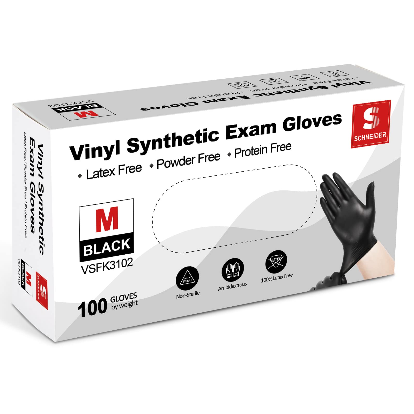 Schneider Black Vinyl Exam Gloves, 4mil, Disposable Latex-Free, Plastic Gloves for Medical, Cooking, Cleaning, and Food Prep, Sizes Medium