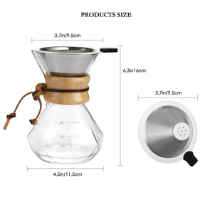 Lalord Pour Over Coffee Maker with Stainless Steel Filter, Borosilicate Glass Coffee Carafe, Modern Wooden Collar, Coffee Maker Carafe, Hold 2 Cups, 400 ml/13.5 oz, Clear