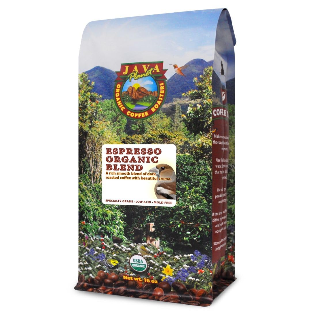 Java Planet Organic, Espresso Blend, Smooth Full Flavored Organic Coffee Beans, Low Acid, Whole Bean Coffee, 1LB Bag