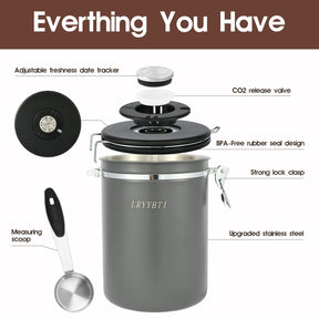 LRYYBTI 38oz Extra Large Coffee Canister, Airtight Stainless Steel Coffee Bean Storage Container with Scoop and Date Tracker, CO2 Release Valves Included, Gray