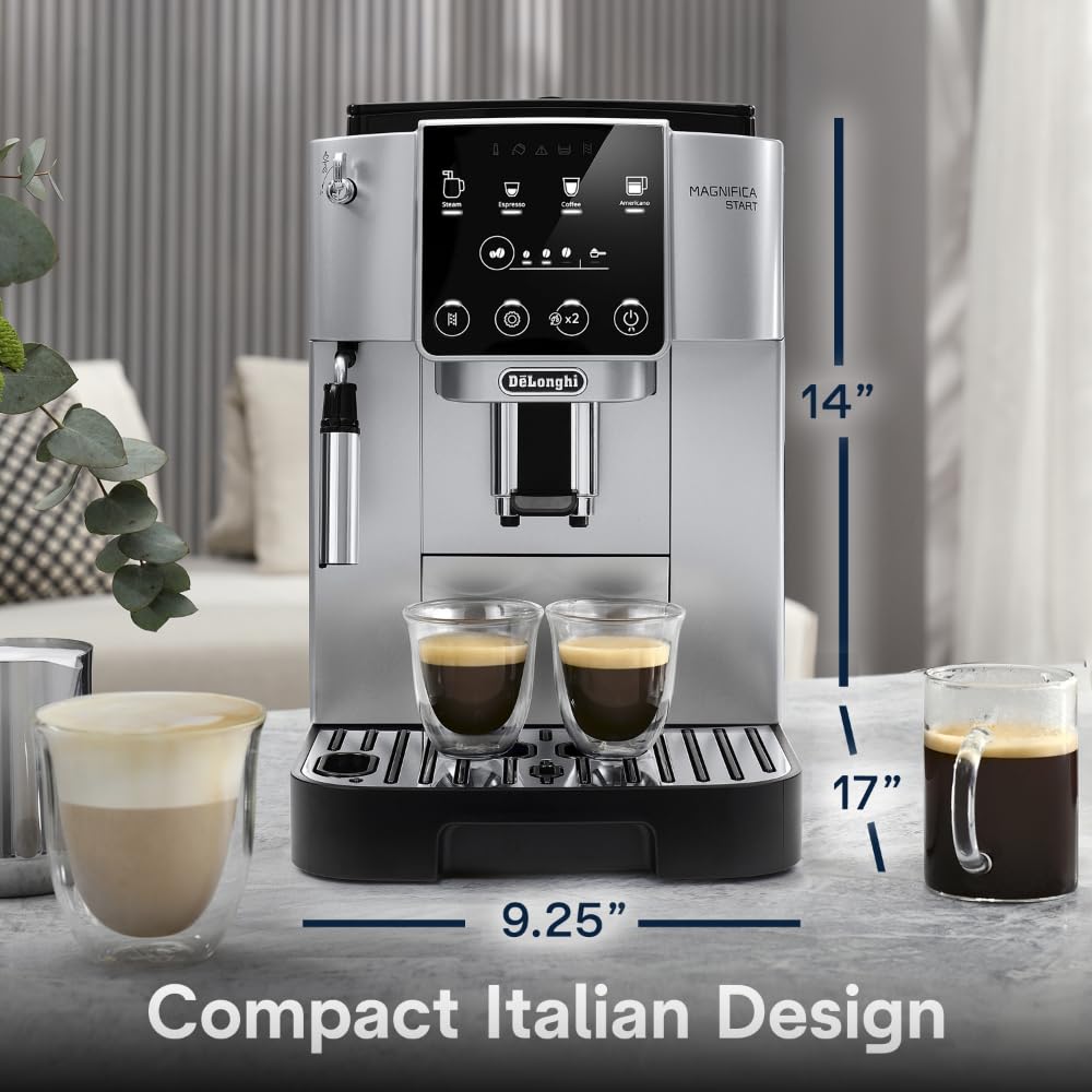 De'Longhi Magnifica Start Automatische Espresso- und Kaffeemaschine mit manuellem Milchaufschäumer für Latte, Cappuccino, eingebautes Mahlwerk, Silber, ECAM22022SB