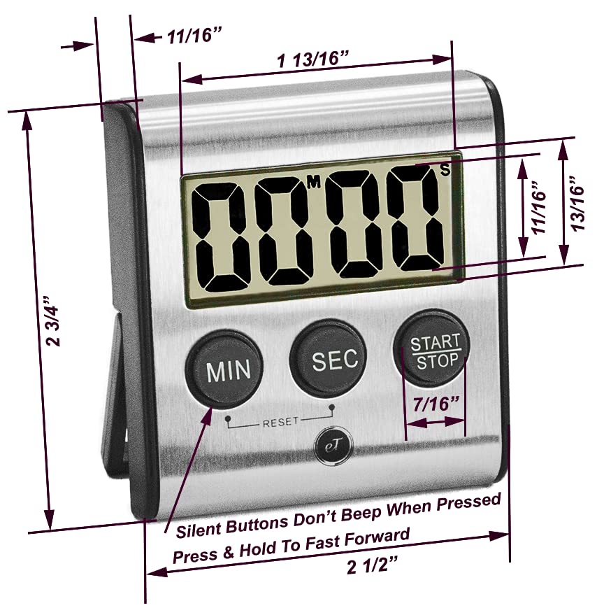 Eleganter digitaler Küchentimer, Edelstahlmodell eT-23, superstarke magnetische Rückseite, lauter Alarm, großes Display, automatischer Speicher, automatische Abschaltung von eTradewinds