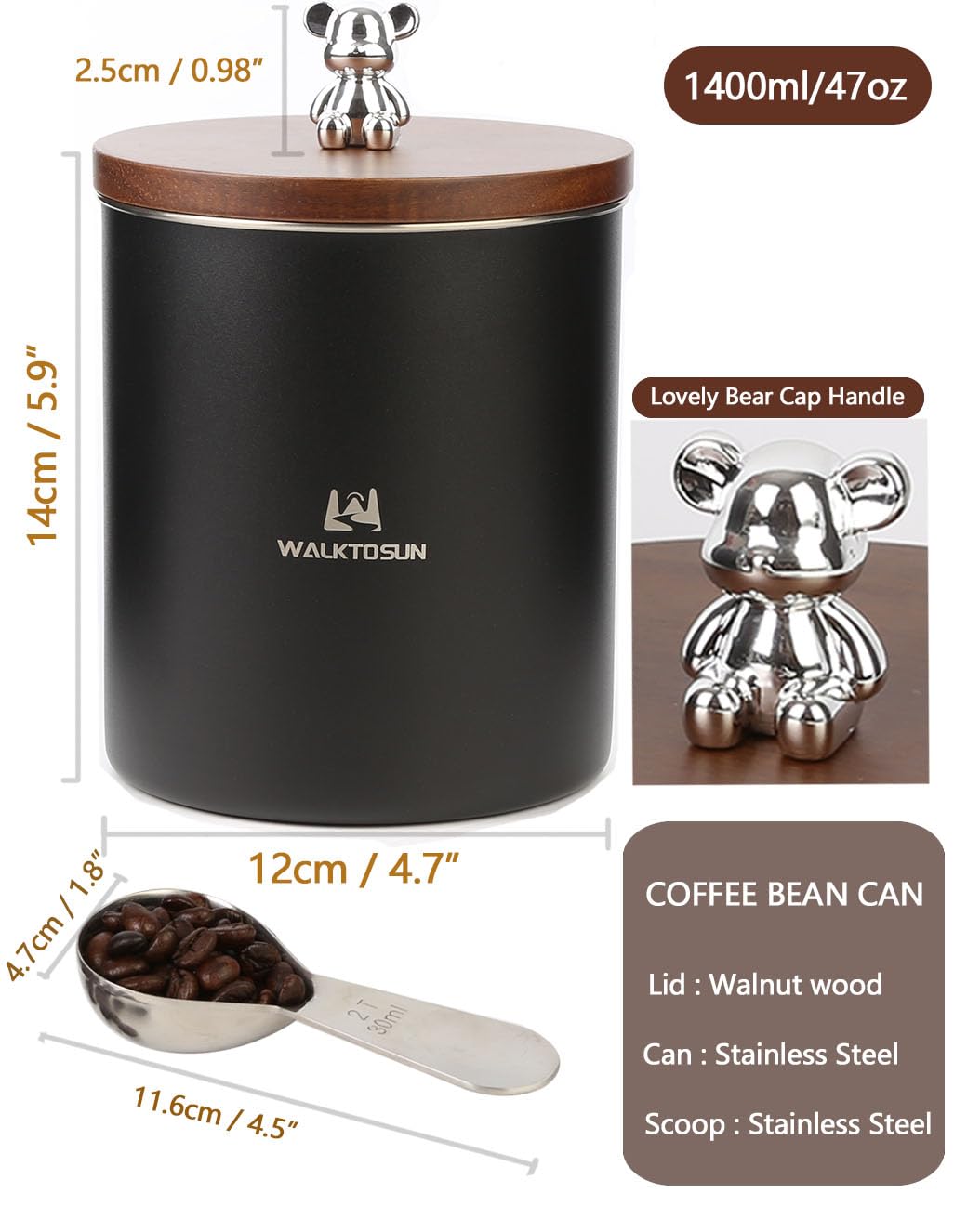 Walktosun Kaffeedosen, luftdichter Lebensmittelbehälter mit Holzdeckel, versiegelte Kaffeedosen aus Edelstahl mit Schaufel für Tee, braunen Zucker, Mehl (1400 ml, schwarz mit Löffel)